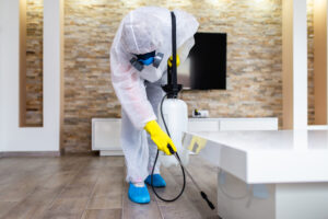 A pest control technitian sprays chemicals near the base of a wall